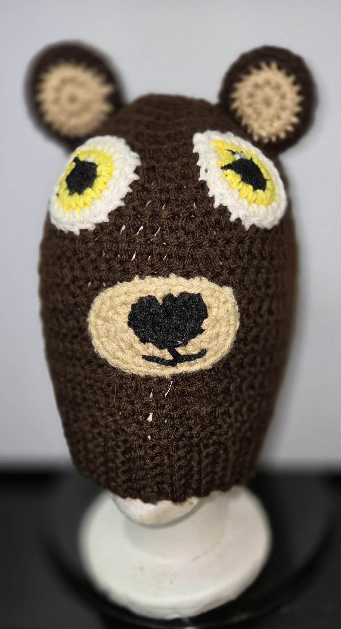 Crochet Teddy Bear Hat, Yellow Eyes